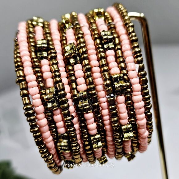 Golden Flowers & Coral Seeds Beaded Bracelet Spiral Coil Wire Retro Wrap Cuff - Picture 8 of 12